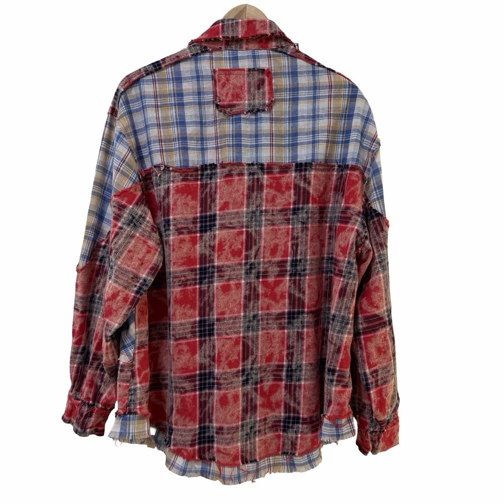 POL Womens Patchwork Flannel Plaid Button Up Shirt S Red Western Boho Raw Hem - Picture 2 of 9